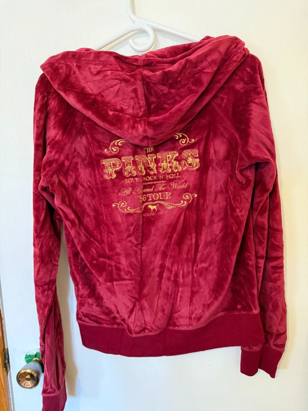 Y2K PINK Victoria’s Secret Velour Zip Hoodie Red Gold Graphic Back Size L - Picture 2 of 5